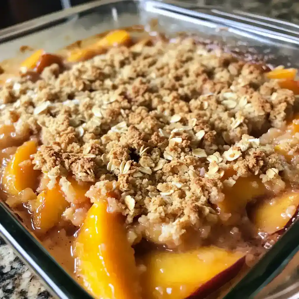 Delicious homemade peach crisp with a golden crumb topping and tender peach slices, perfect for dessert or a sweet snack. Easy to make with fresh peaches and a crunchy streusel topping.