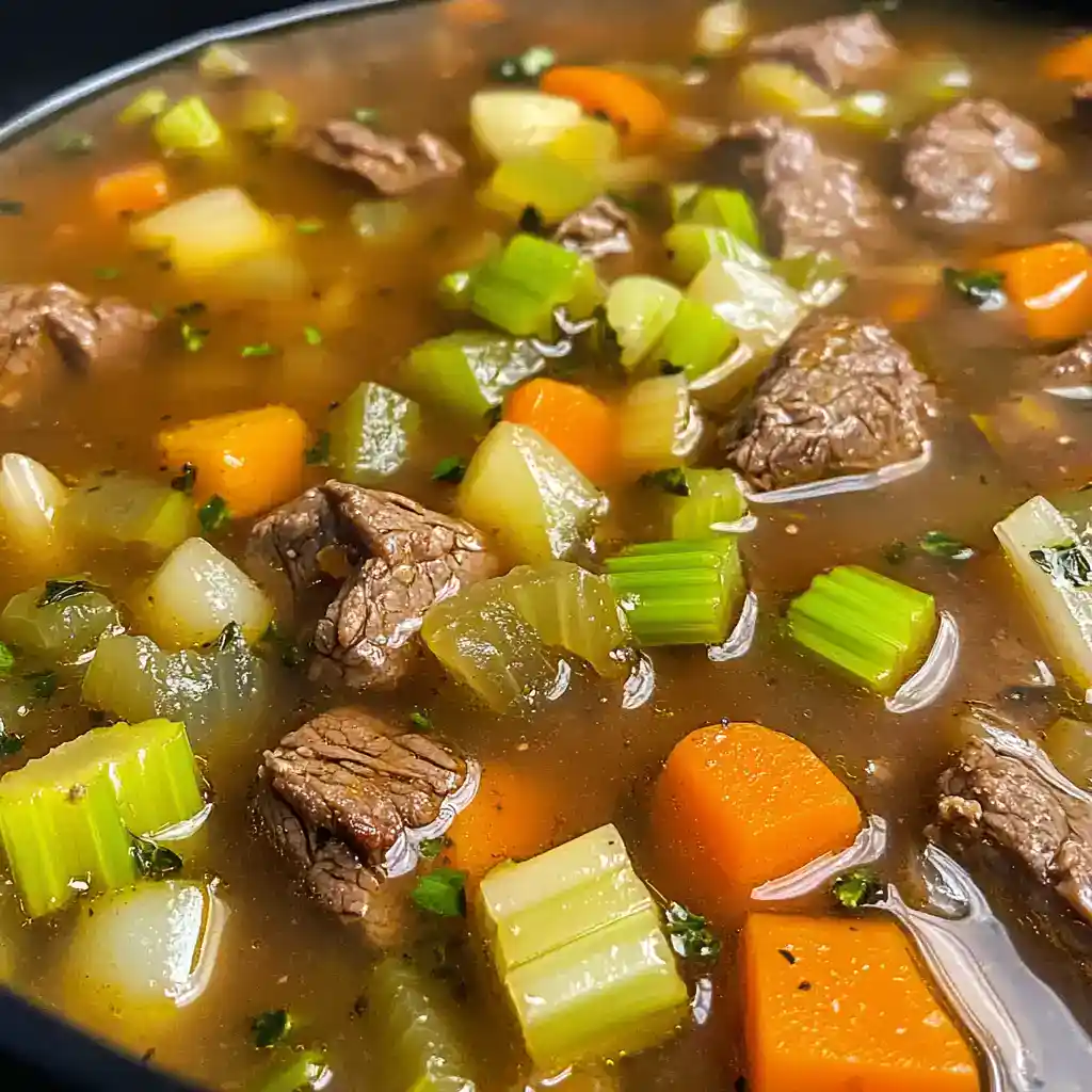 Hearty beef and vegetable stew with chunks of beef, carrots, potatoes, and celery in a savory broth. Perfect comfort food for cold days.
