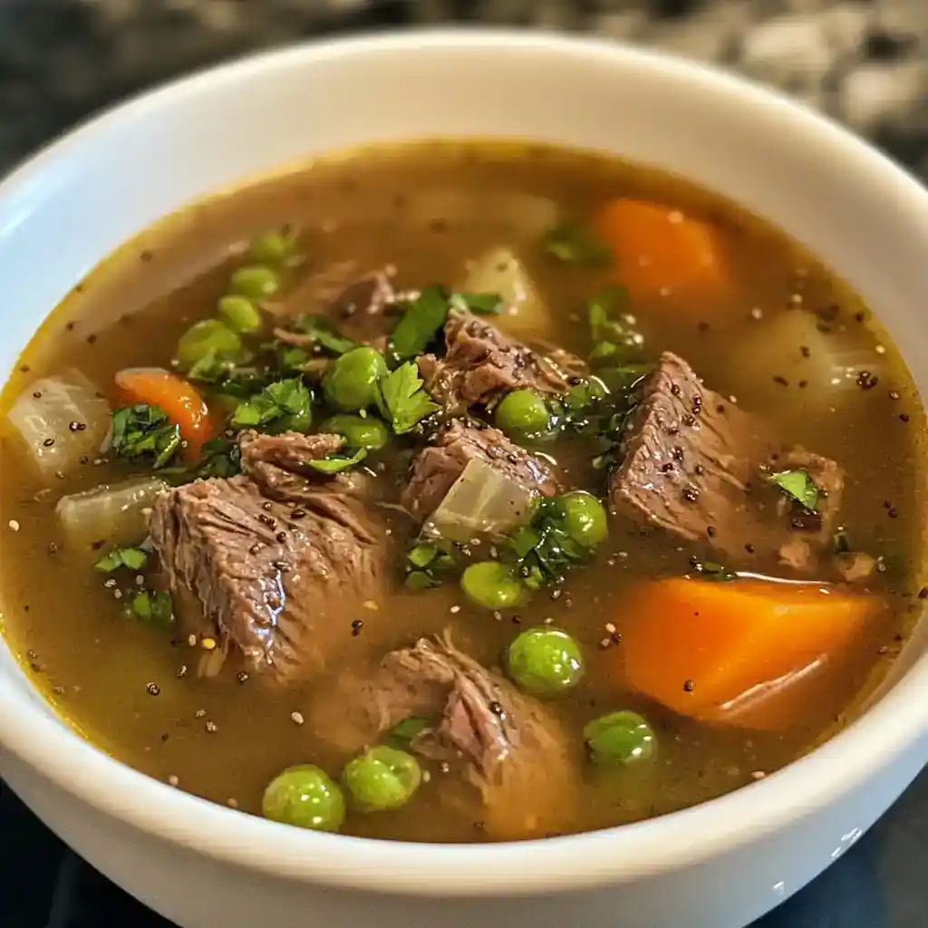 Hearty beef and vegetable soup with tender beef chunks, carrots, peas, and herbs in a clear broth. Perfect for a comforting meal.