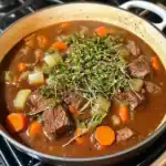 Hearty beef stew with tender beef chunks, carrots, celery, and fresh herbs in a rich broth. Perfect comfort food for cold days.