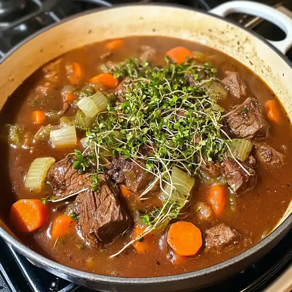 Hearty beef stew with tender beef chunks, carrots, celery, and fresh herbs in a rich broth. Perfect comfort food for cold days.