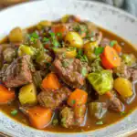 Delicious beef stew with carrots, celery, and potatoes in a savory broth, perfect for comforting meals and family dinners.