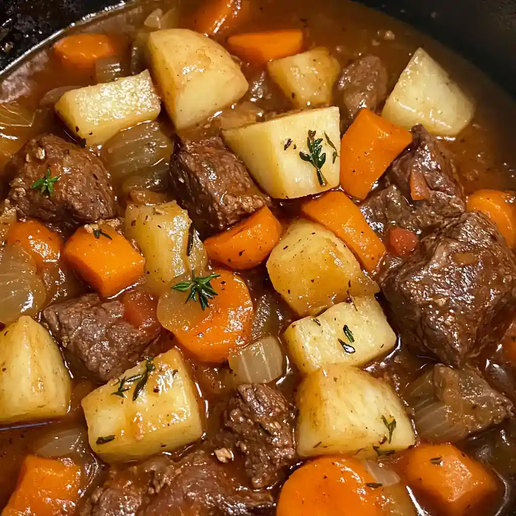 Hearty beef stew with potatoes, carrots, and onions in a savory broth. Perfect comfort food for cold days.