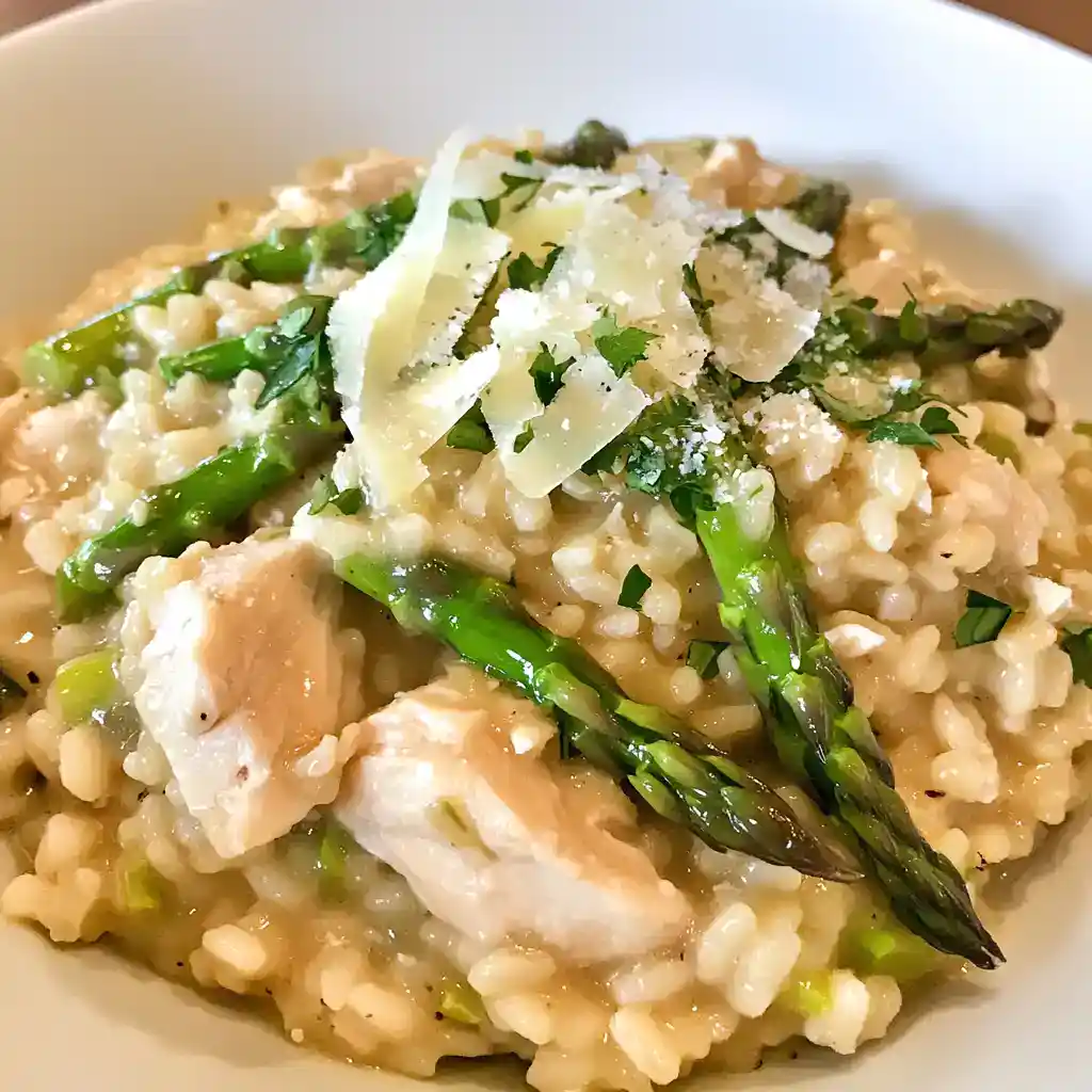 A creamy chicken and asparagus risotto topped with grated Parmesan cheese, garnished with fresh herbs. Perfect for a comforting and flavorful meal.