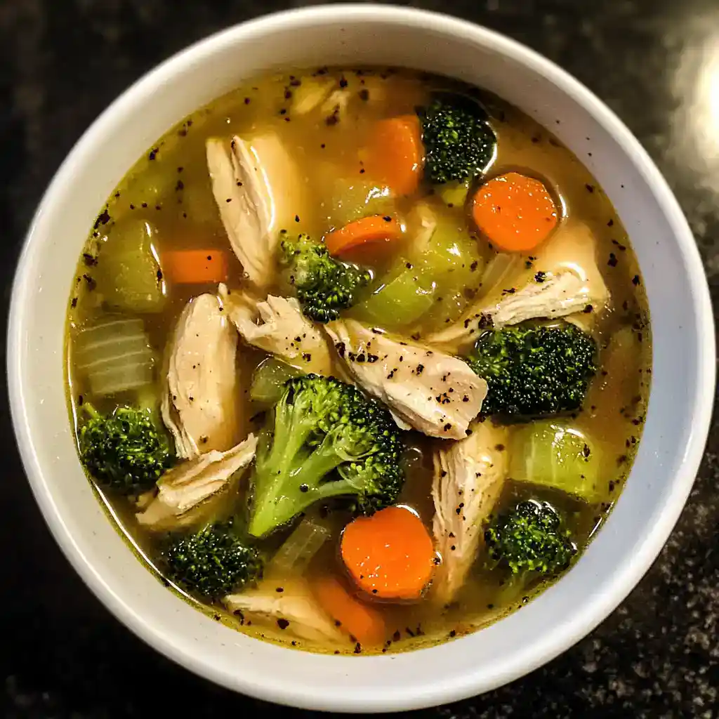 Delicious homemade chicken and vegetable soup with broccoli, carrots, celery, and herbs in a white bowl, perfect for a healthy meal.