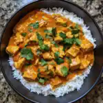 A bowl of chicken curry served over fluffy white rice, garnished with fresh cilantro, showcasing a flavorful and hearty Indian-inspired meal.