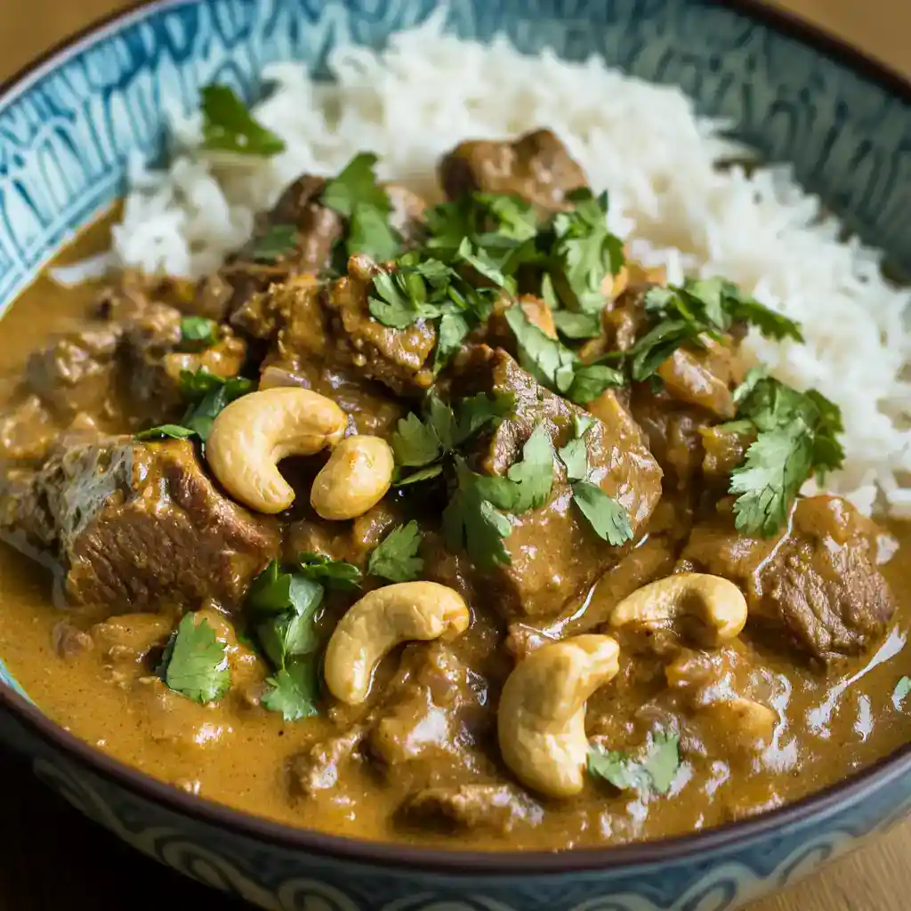 Delicious beef curry served with fluffy white rice, garnished with fresh cilantro and cashew nuts, perfect for a hearty meal.