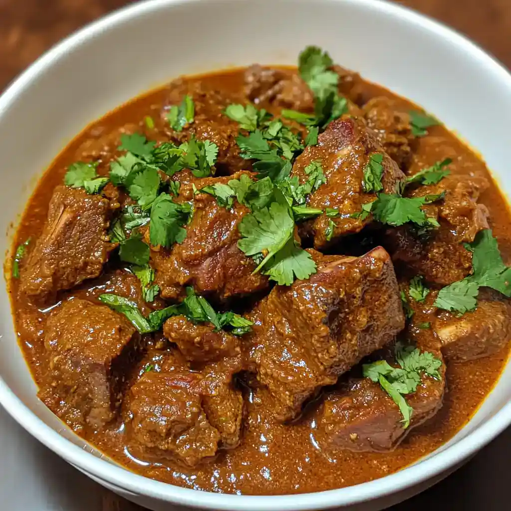 Delicious beef stew cooked in rich, flavorful sauce garnished with fresh cilantro. Perfect comfort food for cold days or hearty meals.