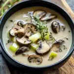 Creamy mushroom and celery soup garnished with fresh thyme in a black bowl, perfect for cozy meals.