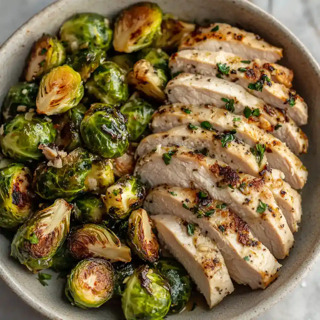A delicious dish featuring tender grilled chicken breast served alongside crispy roasted Brussels sprouts, garnished with fresh herbs for a flavorful and healthy meal.