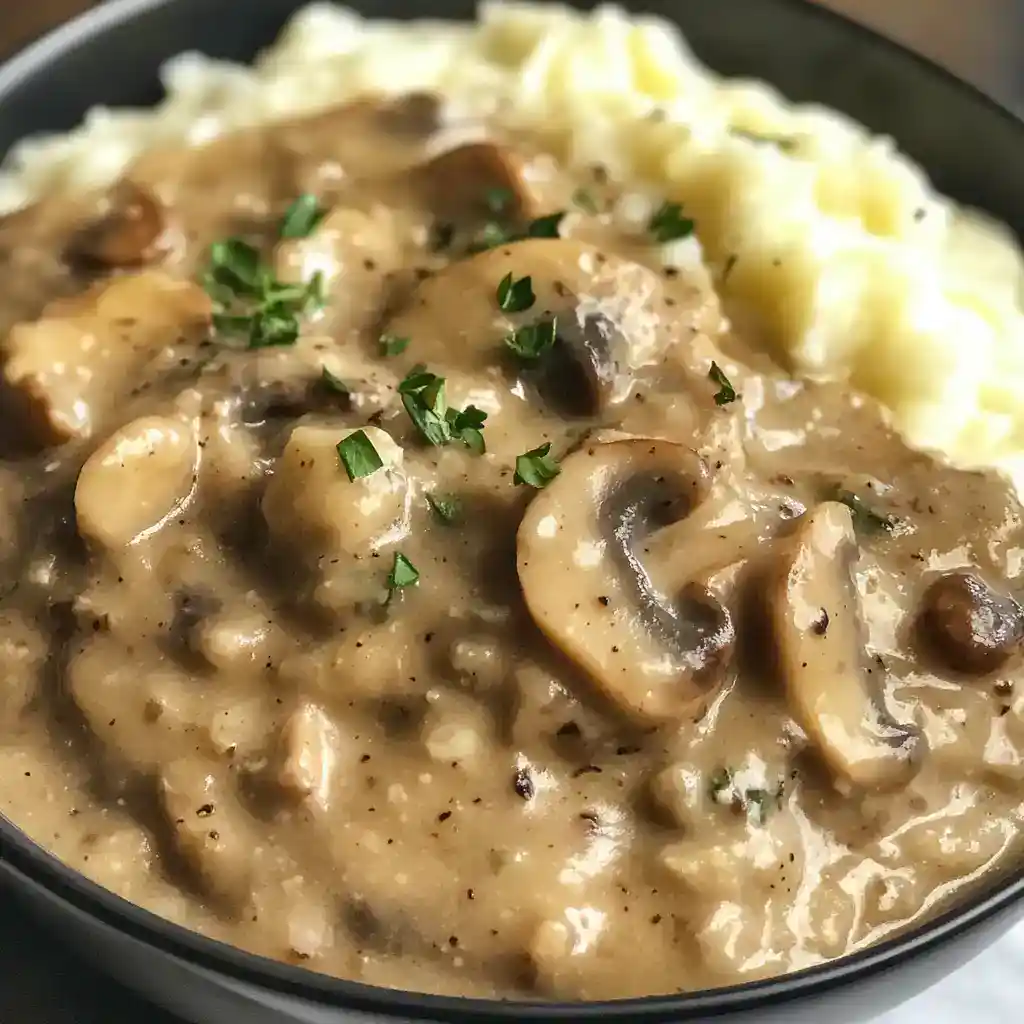 Delicious creamy mushroom chicken stew served with mashed potatoes, featuring tender chicken pieces and savory mushroom gravy, perfect for comforting meals.