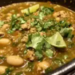 Hearty chili lime bean soup with ground meat, beans, fresh cilantro, and lime wedges in a black pot. Perfect for a comforting meal.