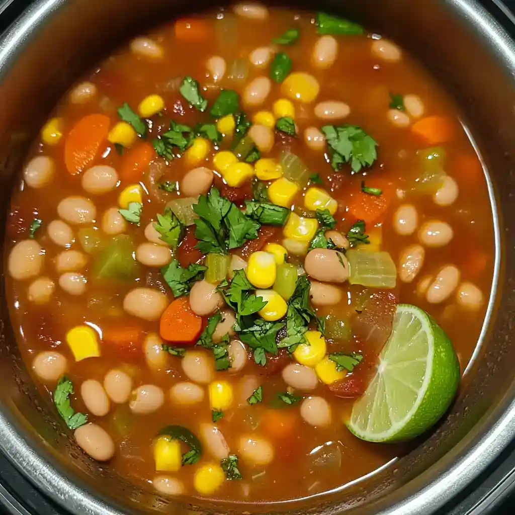 Healthy vegetable bean soup with corn, carrots, celery, and cilantro.